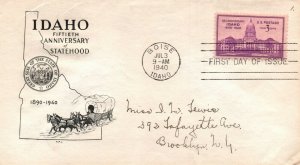 1940 - Idaho 50th Statehood Anniv FDC - Addressed - Single - Cachet - F278