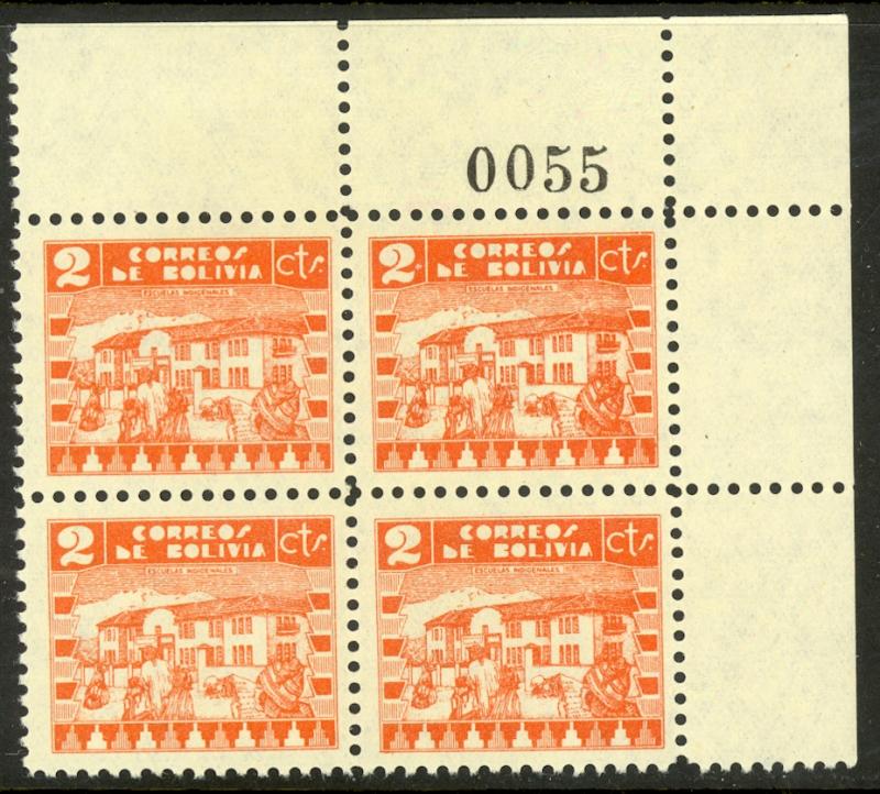 BOLIVIA 1938 2c NATIVE SCHOOL SHEET NUMBER Block of 4 Sc 242 MNH