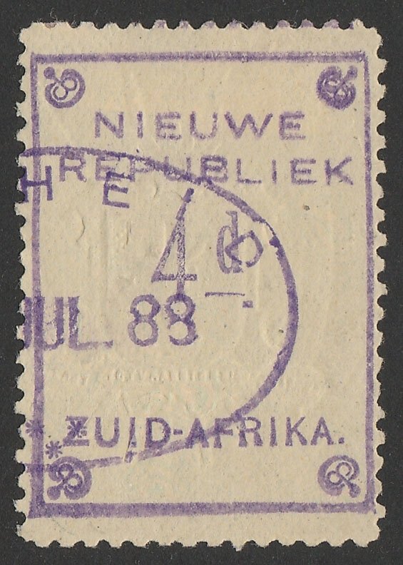 SOUTH AFRICA - NEW REPUBLIC 1887 4d violet on yellow paper, with embossed arms 