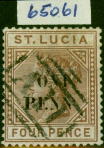 St Lucia 1891 1d on 4d Brown SG55Var 'Y omitted in Penny' Fine Used Royal Cer...