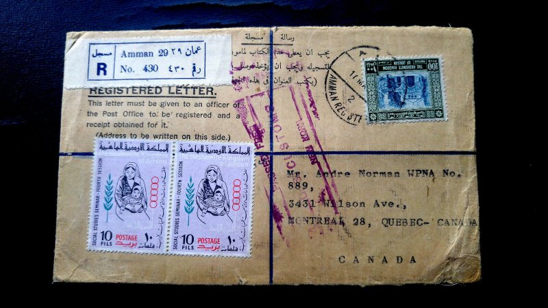 RARE JORDAN 1965 “REGISTERED” BANK COVER TO MONTREAL, CANADA VIA USA “PASSED FRE