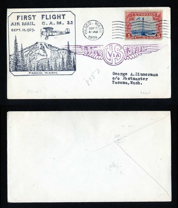 # C11 on CAM # 32 First Flight cover from Pasco, WA to Tacoma, WA - 9-15-1929