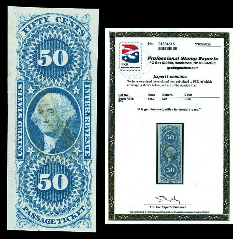 Scott R61a 1862 50c First Issue Revenue Used VF Cat $140 with PSE CERTIFICATE