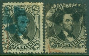 EDW1949SELL : USA 1866 Sc #77. 2 stamps Used 1 Red cancel 1 Blue cancel Cat $415 