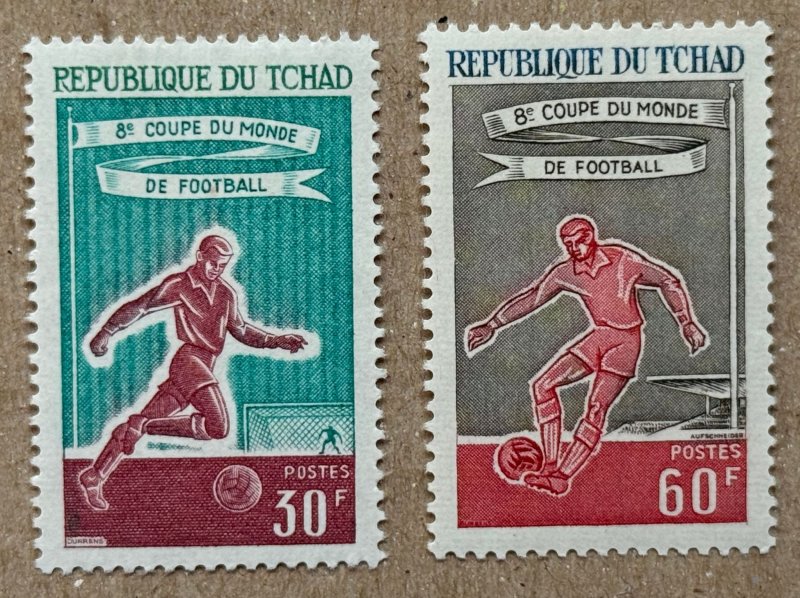 Chad 1966 World Cup, high value is MNH. Scott 129-30, CV $2.40. Soccer, football