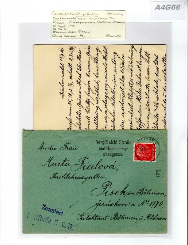 GERMANY WW2 Cover BUCHENWALD CONCENTRATION CAMP 1940 Letter Czechoslovakia A4G66 