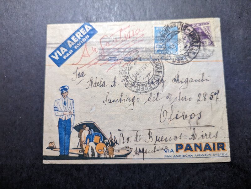 1936 Brazil Airmail Cover Rio De Janeiro to Buenos Aires Argentina via Panair