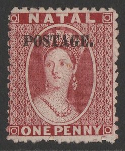 NATAL 1869 'POSTAGE' on QV Chalon 1d rose, SG type 7e. Certificate.