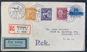 1929 Stockholm Sweden First Night flight Express Airmail cover To Chicago Usa PS