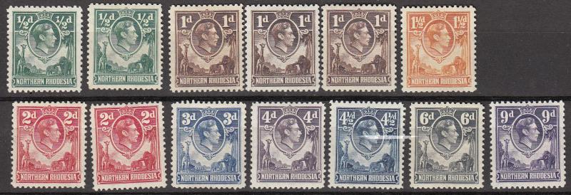Northern Rhodesia -1938 KGVI stamp lot from Sc# 26/39 - MH (594)