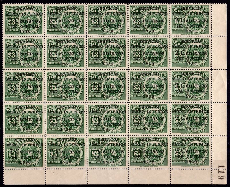 Guatemala 1930 Sc#C9 NATIONAL EMBLEM QUETZAL BIRD Block of 25 MNH