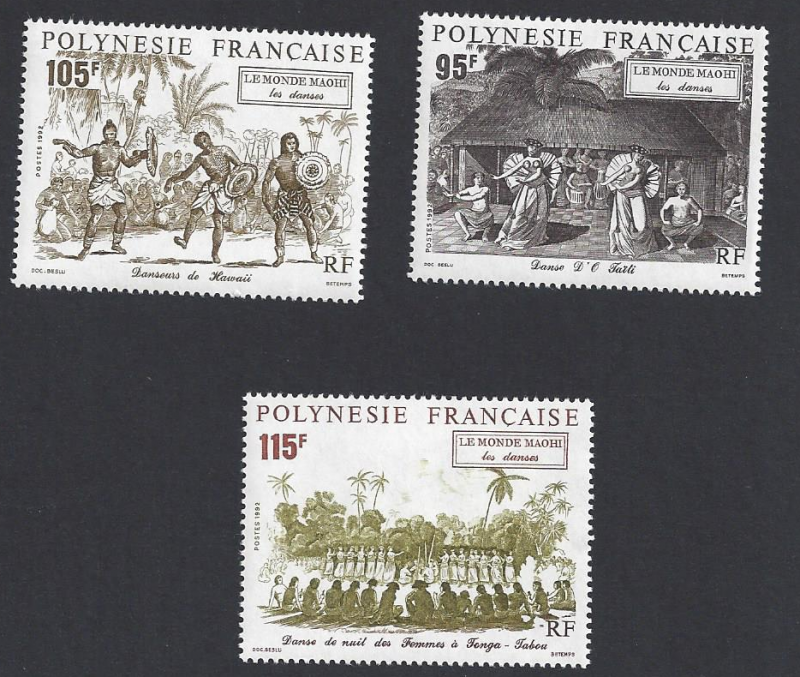 French Polynesia #594-6 MNH, set, dancers from Tahiti,Tonga & Hawaii issued 1992