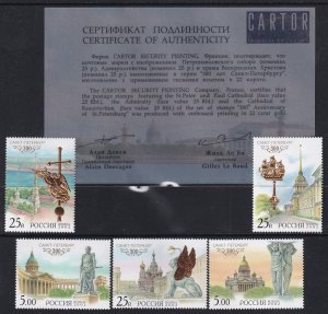 Russia 2002 Sc 6695-99 St Petersburg 300 Year Anniversary Gold Cert. Stamp MNH