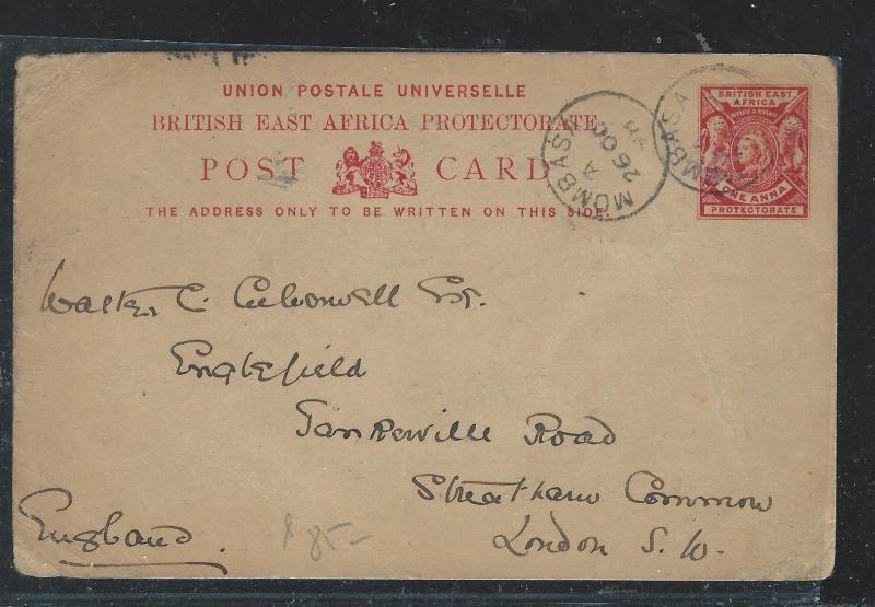 BRITISH EAST AFRICA (P2609B) 1898 QV 1A LION PSC MOMBASA TO LONDON