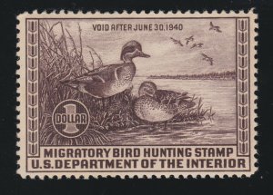 US RW6 $1 Federal Duck Stamp Mint VF OG NH SCV $250