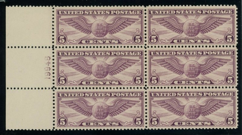 US Stamp #C12 Winged Globe 5c - Plate Block of 6 - MNH - CV $180.00