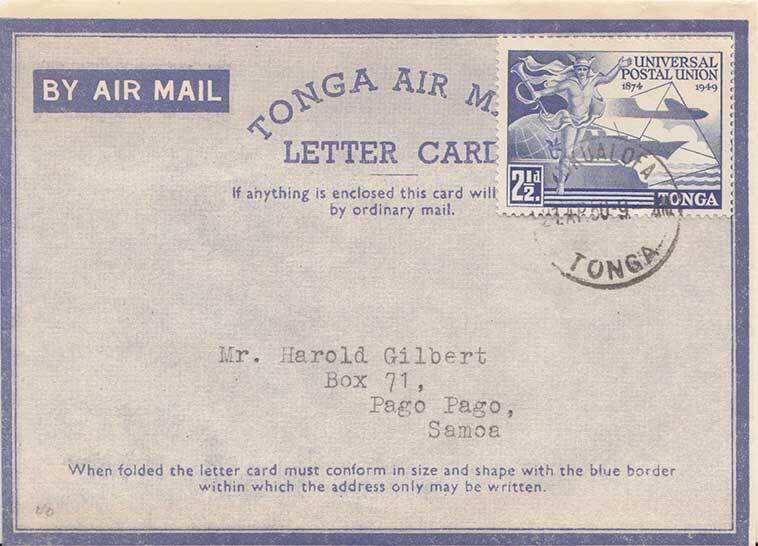 Tonga 2 1/2d Universal Postal Union 1950 Nukualofa, Tonga Airmail Letter Card...