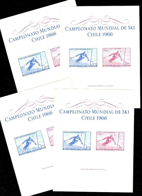 CHILE : 1966. Scott #C267a Skiing. 4 Souvenir Sheets. All VF, Mint NH. Cat $144.