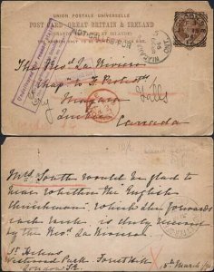 1894 1d Postcard with Canada Dead letter hand stamp