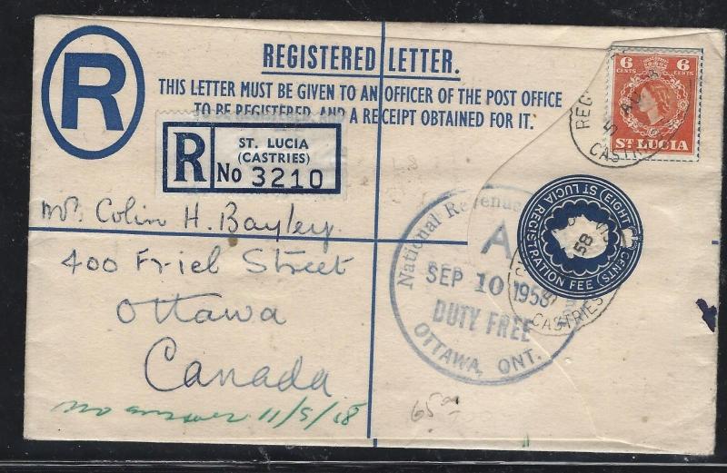 ST LUCIA  COVER (PP1709B)1958 8C QEII RLE UPRATED 6C TO CANADA