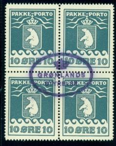 GREENLAND #Q4 10ore Pakke Porto, Schultz issue, Block of 4 used Gronlund cert