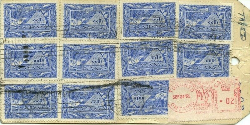 11 x $1.00 Fish stamps + 2c meter Registered bank tag 1951,  cover Canada