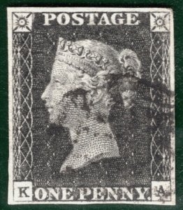 GB PENNY GREY-BLACK QV 1840 Stamp SG.3 1d Plate 8 (KA) UNLISTED* Cat £525+ SBR11