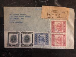 1948 Asuncion Paraguay Registered Airmail Cover To Baltimore MD USA B