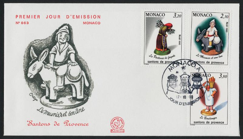 Monaco 1737-9 on FDC - Christmas Figurines, Donkey cachet