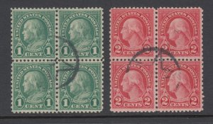 US Sc 578-579 used. 1923 1c & 2c Rotary Press cplt, matching blocks of 4, Cert.