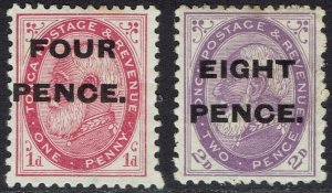 TONGA 1891 KING FOUR PENCE AND EIGHT PENCE OVERPRINTED 1D AND 2D SET