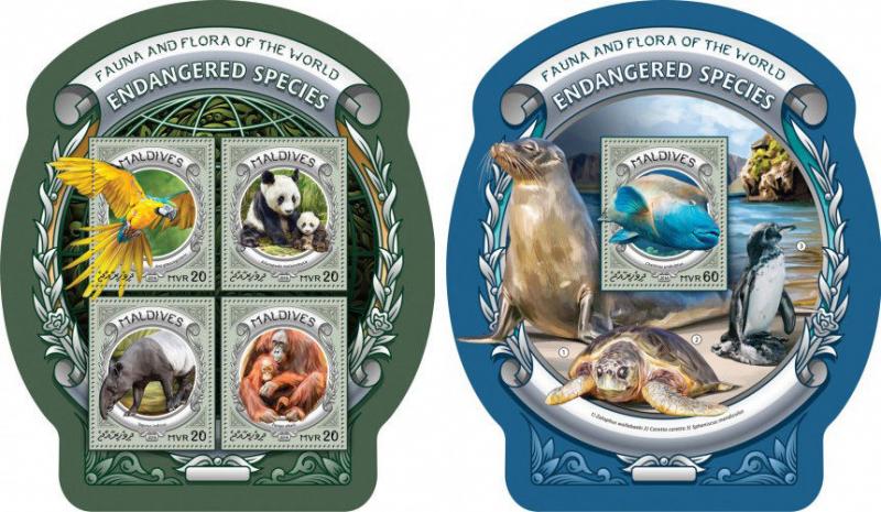 Maldives Endangered Animals Monkeys Pandas Parrots Marine Fauna MNH stamp set