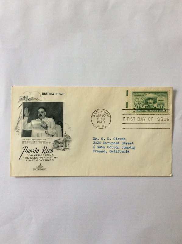 1949 First Governor 3c First day cover. San Juan PR post mark to Fresno.