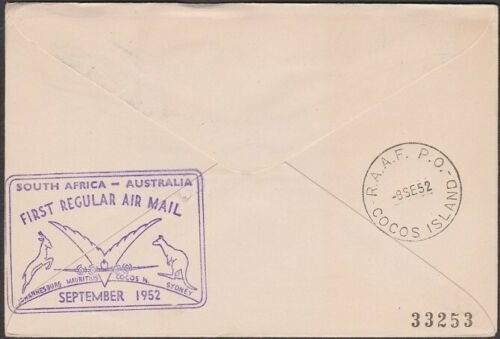 COCOS ISLAND 1952 Qantas flight cover to Mauritius - RAAF PO COCOS cds......W557 