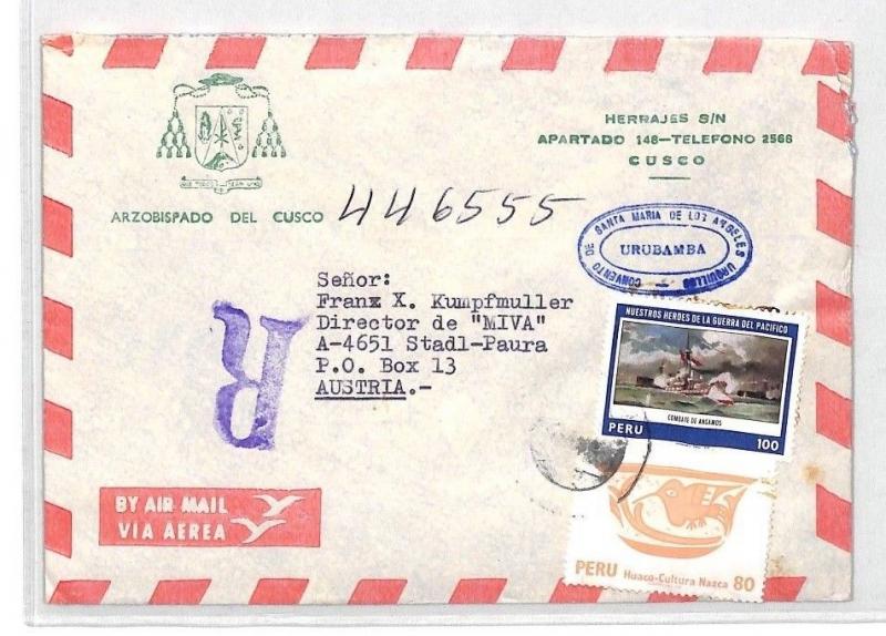 CA349 1980s Peru *URUBAMBA* Violet Cachet Registered Cover MISSIONARY VEHICLES