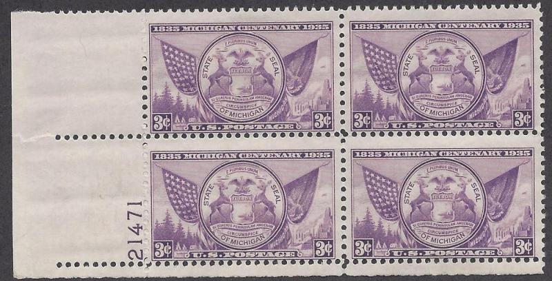 775 Plate block 3cent Michigan Centenary 1935 Detroit Flint