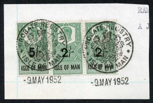 Isle of Man KGVI 2 x 2/- and 5/- Key Plate Type Revenues CDS on Piece