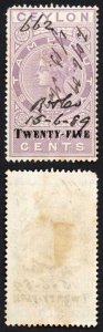 Ceylon BF75 TWENTYFIVE on 50c lilac Stamp Duty