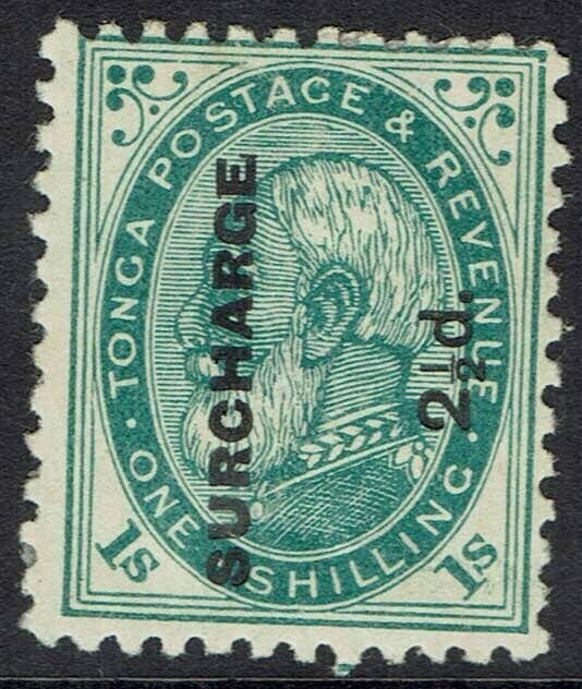 TONGA 1894 KING SURCHARGE 21/2D ON 1/- VARIETY NO STOP AFTER SURCHARGE PERF 12X1