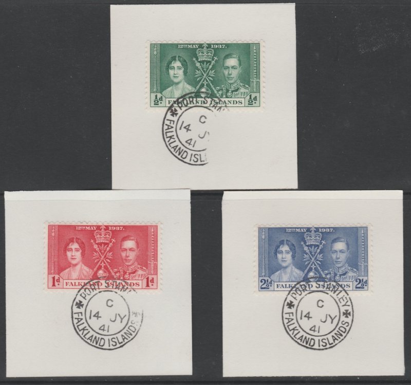 Falkland Islands 1937 CORONATION set of 3 on pieces with MADAME JOSEPH  POSTMARK