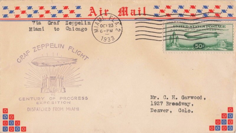 United States 1933 Graf Zeppelin Century of Progess Flight Cover Miami Chicago