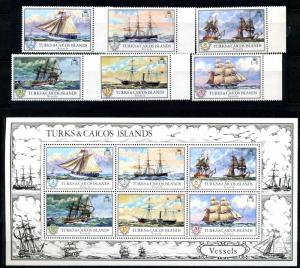 1973 Turks & Caicos Scott 280-285a Mint NH w/ S/S Sailing Ships Sloop Packet