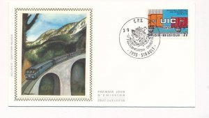 D86813 Trains Locomotives Intl. Railroad Union FDC Silk Cachet Belgium Sirault