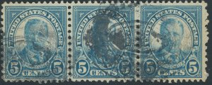 US 637 5 cent Roosevelt; Used; NG; Strip of 3-- See details and scans