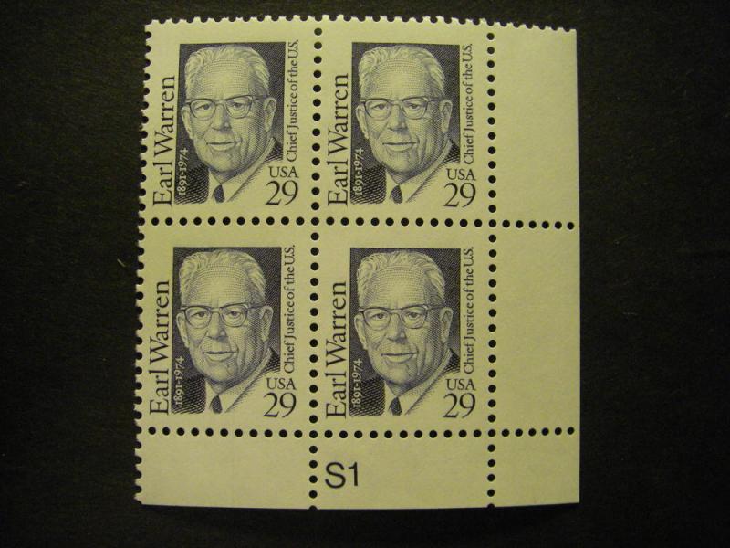 Scott 2184, 29c Earl Warren, PB4 #S1 LR, MNH Great Americans Beauty