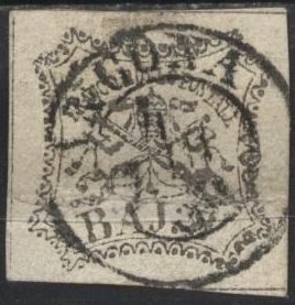 Roman States 9 (used, crease) 8b coat of arms, black (1852)