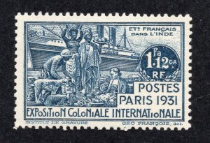 French India 1931 1fa12ca dull blue Colonial Exposition, Scott 103 MH