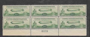 #C18 MNH Plate Block of 6, Baby Zeppelin, Natural Gum Skips