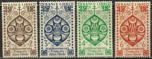 French India, Sc. 143-146,  mint, hinge remnants.  143 has no gum. 1942. (F602)