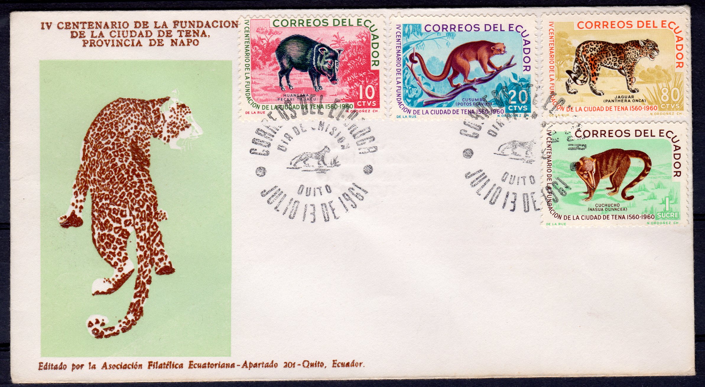 Ecuador 1961 Sc 676 679 Animals Jaguar Coati Set 4 Limited Fdc Hipstamp